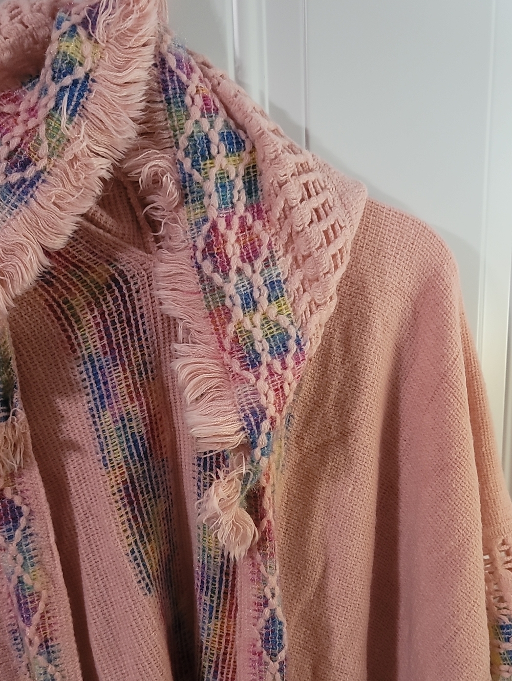 Pink Fringe Boho Knit Shawl Hoodie with Multicolor Trim - Picture 5 of 8